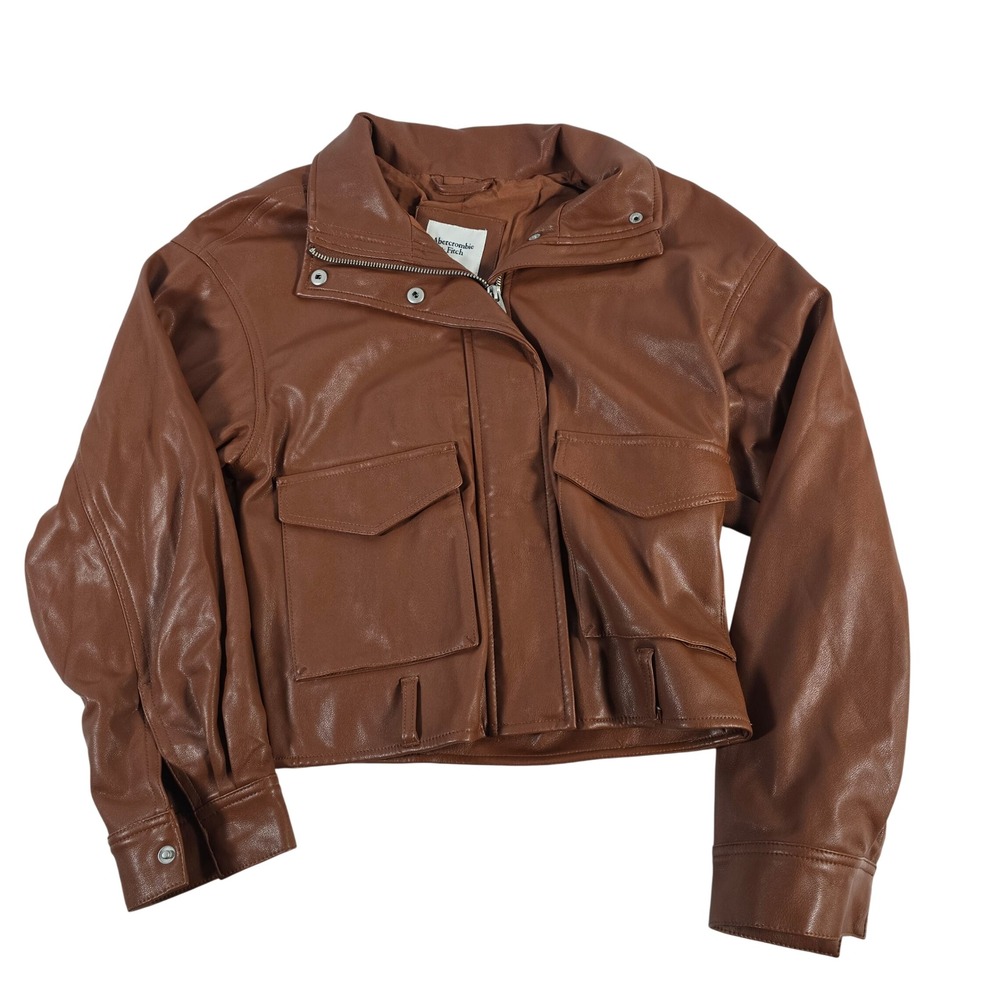 Abercrombie Fitch Faux Leather Bomber Jacket Brown Collared Zip Pockets Women S